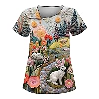 Easter Bunny Egg Printed Tshirt Ladies Tops Short Sleeve Blouse Slant Collar with Double Pockets 2024 Workwear Tee