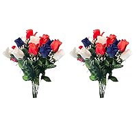2pcs 14 Stems Artificial Flower Rosebuds Patriotic Memorial Bouquet Cemetery Decorations for Grave, Spring Faux Flower Arrangement, Veterans, Independence Day, Red White Blue