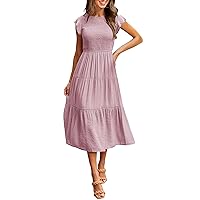 MEROKEETY Women's Flutter Short Sleeve Smocked Midi Dress Summer Casual Tiered A-Line Dress