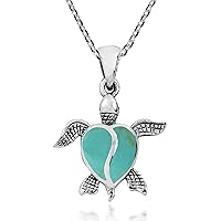 AeraVida Love Life Sea Turtle Heart Simulated Green Turquoise .925 Sterling Silver Pendant Necklace
