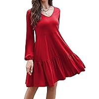 KOJOOIN Womens Puff Sleeve V-Neck Ruffle Loose Casual Swing Tiered Midi Dress with Pockets