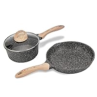 JEETEE Nonstick Pots and Pans Set, Induction Granite Coating Pots with 9.5 Inch Frying Pan & 2.5 Quart Saucepan with Lid, PFOA Free (Grey, 3pcs Cookware Sets)