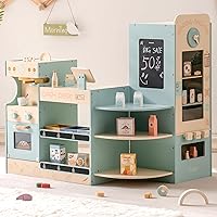ROBUD Grocery Store Playset, Kids Play Store, Wooden Supermarket Playset with Cash Register, Chalkboard, Vending Machine, Coffee Machine, Oven, Play Food Accessories, Gift for Boys Girls 3+