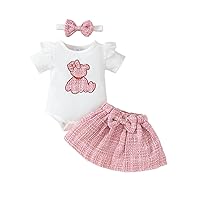VISGOGO Newborn Infant Baby Girls Skirt Outfits Bear Embroidery Short Sleeve Romper Tweed Mini Skirt Bow Heaband
