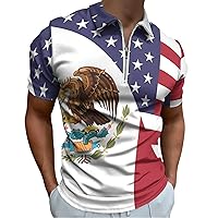 Mexico & USA Flag Men's Golf Polo T-Shirt Short Sleeve Casual Collared Slim Fit Tee