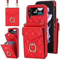 Case for Galaxy Z Flip 4,Wallet Multi Card Holder PU Leather Detachable Lanyard Women Girl Kickstand Ring Magnetic Creative Protective Cover Case for Samsung Galaxy Z Flip 4 5G (2022) (Red)