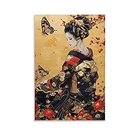 Illustration Poster of Japanese Girl Wearing Black Kimono. Home Gift Bathroom Decoration Poster Decorative Painting Canvas Wall Art Living Room Posters Bedroom Painting 12x18inch(30x45cm)