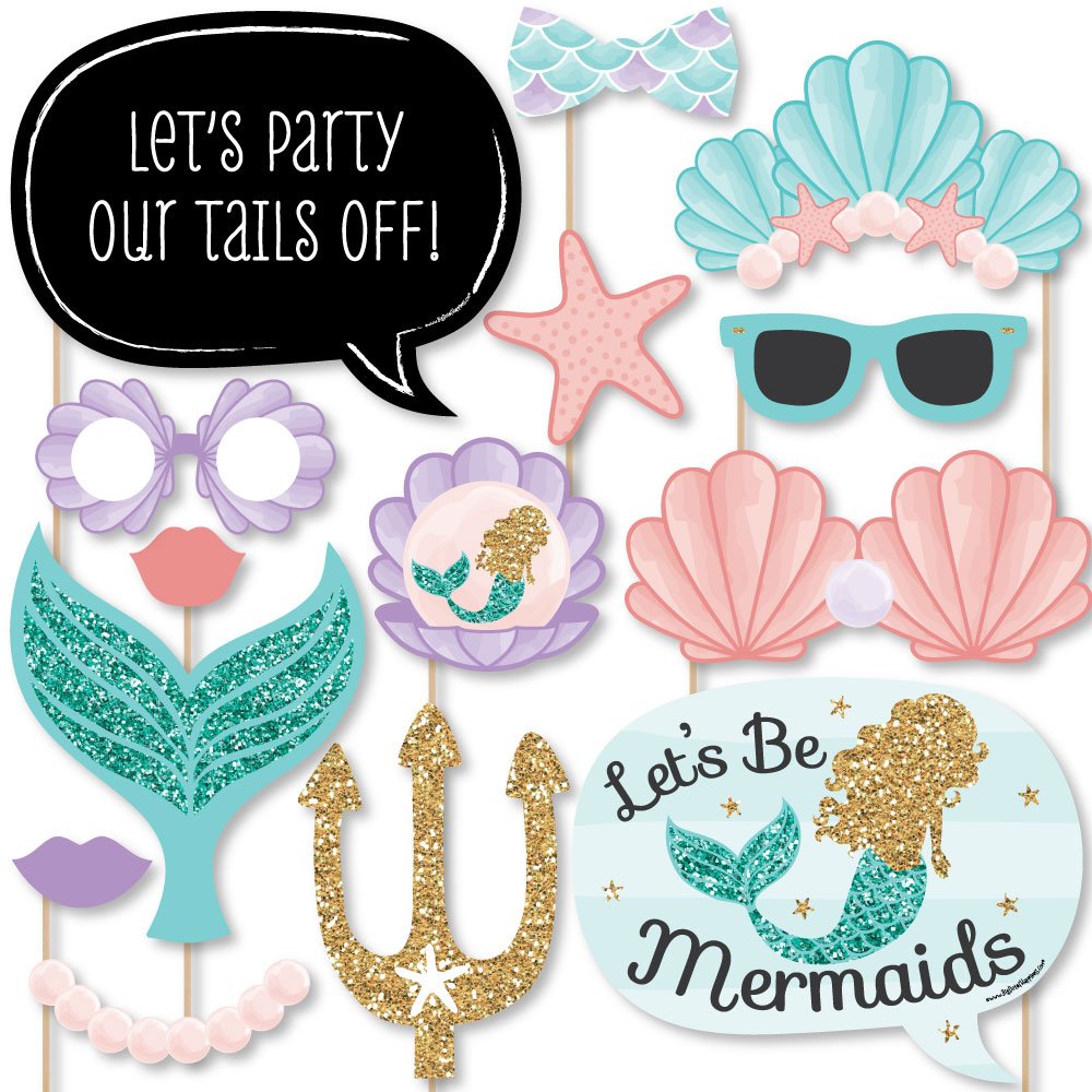 Let's Be Mermaids - Baby Shower or Birthday Party Photo Booth Props Kit - 20 Count