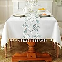 Laolitou Cotton Linen Waterproof Tablecloth for Dining Table Rustic Farmhouse Kitchen Rectangle Table Cloth Coffee Table Cover, Beige, Green Coffee Flower, 55x120 Inch