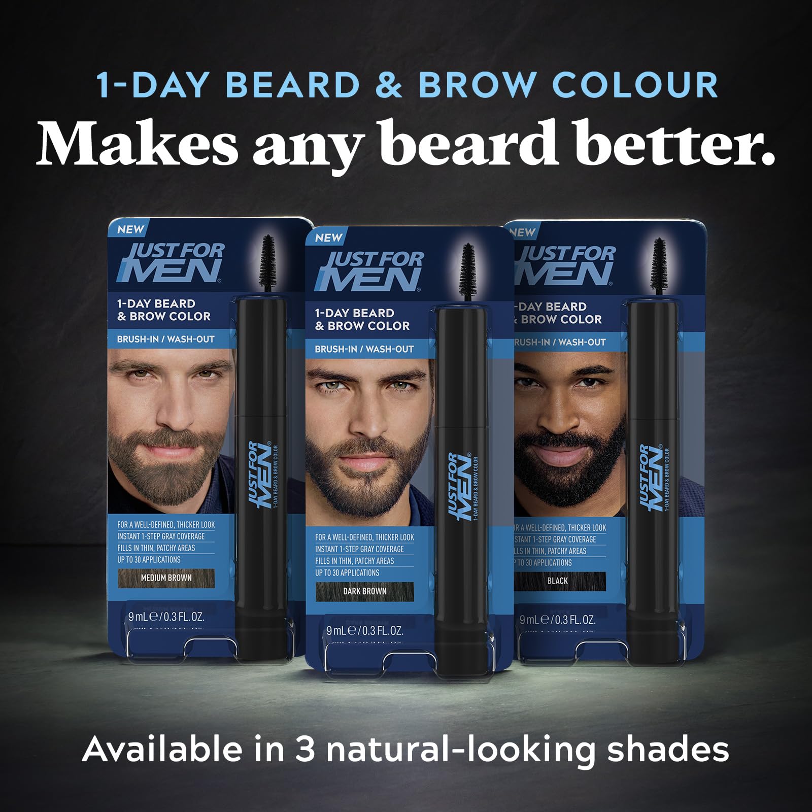 Just for Men 1-Day Beard & Brow Color, Temporary Color for Beard and Eyebrows, For a Fuller, Well-Defined Look, Up to 30 Applications, Medium Brown