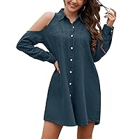 Women's Cold Shoulder Denim Dress Button Down Long Sleeve Tunic Jean Shirt Dresses with Pockets