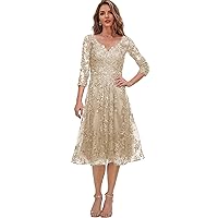 Women's Tea Length Mother of The Bride Dresses with Sleeves Lace Tulle Formal Dress V Neck Evening Gown