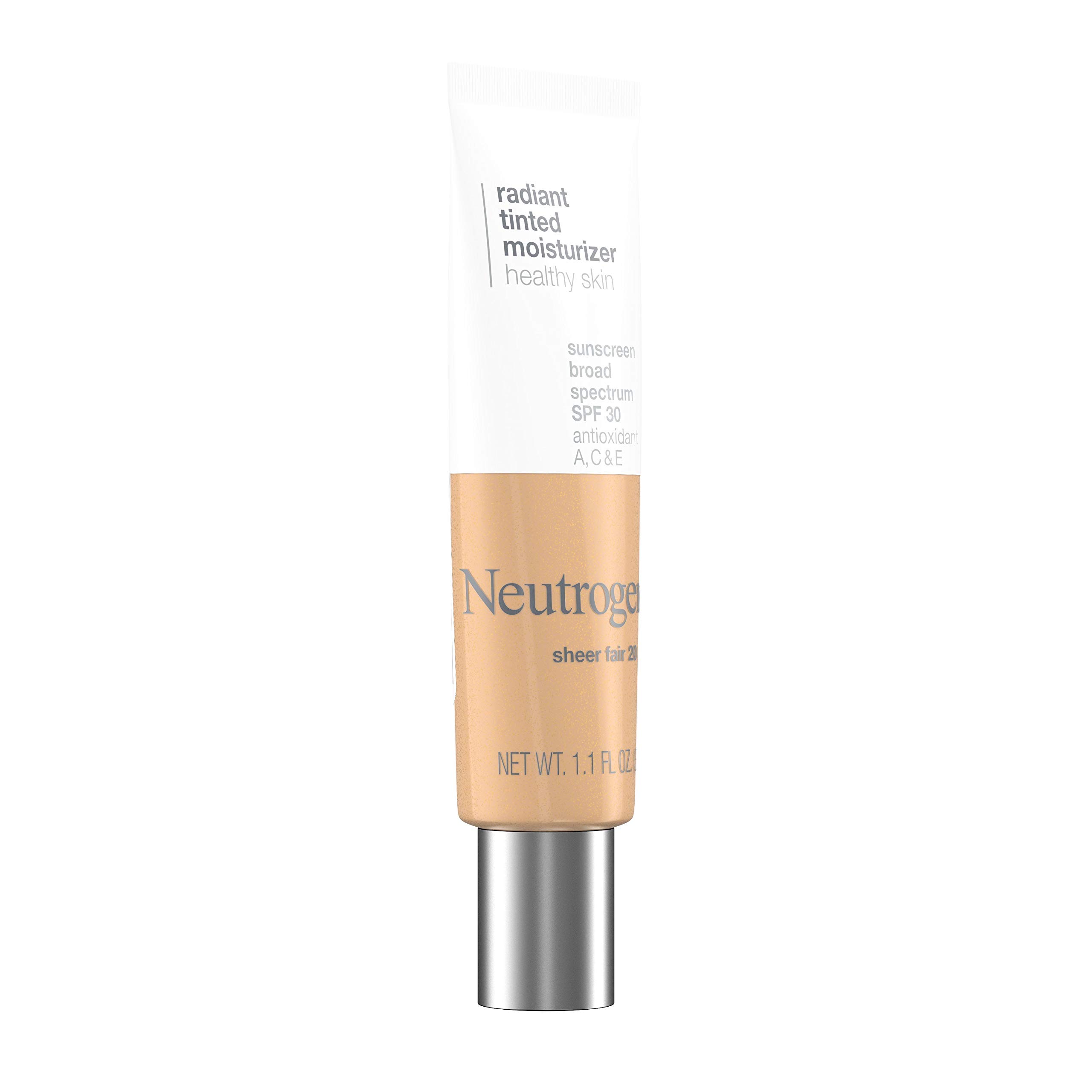 Neutrogena Healthy Skin Radiant Tinted Facial Moisturizer with Broad Spectrum SPF 30 Sunscreen Vitamins A, C, & E, Lightweight, Sheer, & Oil-Free Coverage, Sheer Fair 20, 1.1 fl. oz