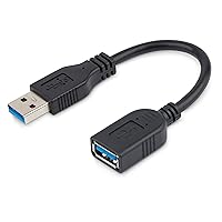 StarTech.com 6in Short USB 3.0 (5Gbps) Extension Adapter Cable (USB-A Male to USB-A Female) - USB 3.2 Gen1 Port Saver Cable - Black (USB3EXT6INBK)