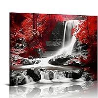 MAXPRESS Nature Waterfall Wall Art for Bathroom Red and Black Wall Decor Red Trees Forest Landscape Pictures Canvas Prints Mountain Scenery Poster Artwork Christmas Home Decorations for Living Room16x20 in