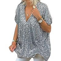 Mayntop Women Sparkly Sequin Blingbling V-Neck Short Sleeve Loose Summer Top T-Shirt Tee