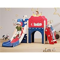 Toddler Slide, 7 in 1 Kids Indoor Slide for Toddler 1-3, Indoor Outdoor Toddler Slide Playset with Basketball Hoop and Telescope, Baby Indoor Slide Toddler Playground(Blue&Red)