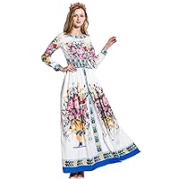 W1702 Fashion Elegant White Cultivate Slim Cute Flowers Print Big Swing Women Casual Long Dress