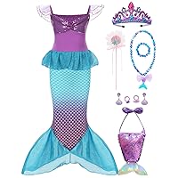 Mermaid Costume Dress Girls Kids Ariel Princess Dress Halloween Cosplay Birthday with Crown Accessories