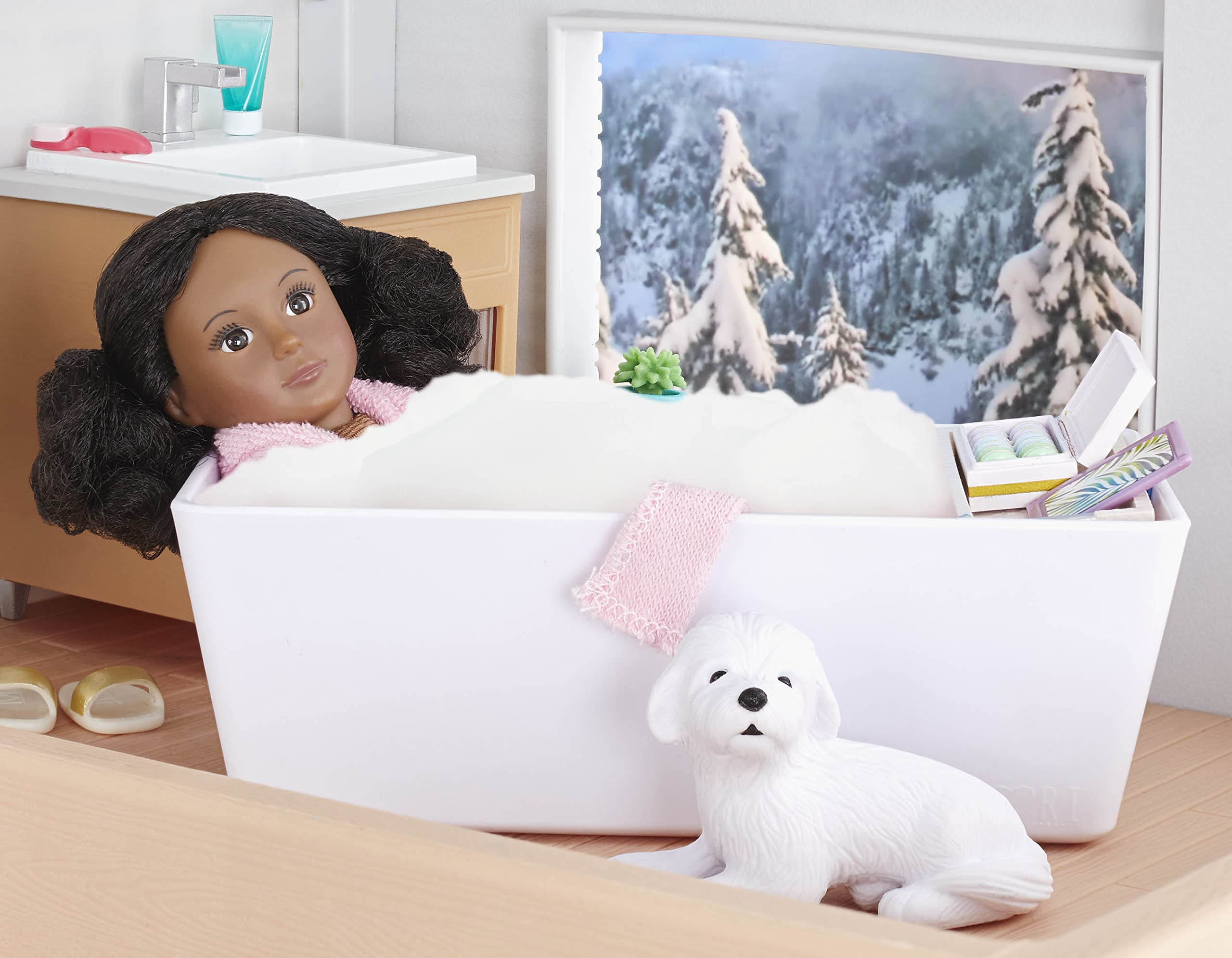 Lori Dolls – Luxury Bathroom Set – Bathroom Playset for Mini Dolls – Dollhouse Furniture for 6-inch Dolls – Bathtub, Vanity, Lounge Chair – Toys for Kids – 3 Years +