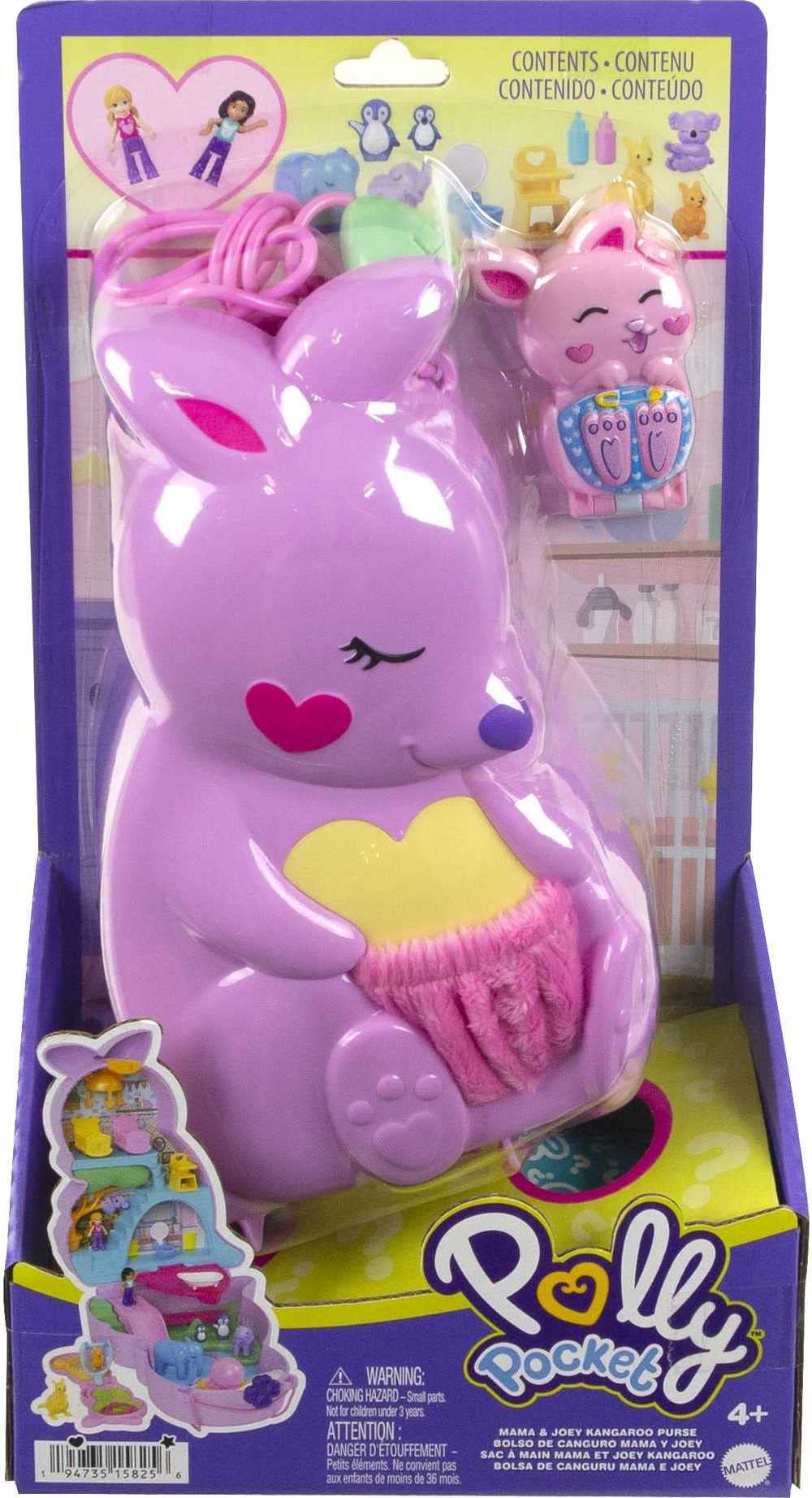 Polly Pocket 2-In-1 Travel Toy Playset, Animal Toy with 2 Dolls & Accessories, Mama & Joey Kangaroo Purse Large Compact