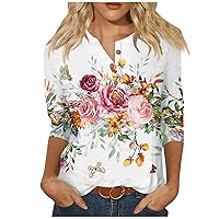 Womens Tops Summer 3/4 Sleeve Button Down Henley Neck Shirts Three Quarter Length Sleeve Tee Blouses Floral Tunics