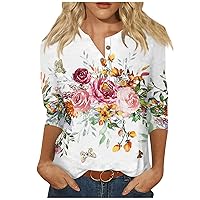 3/4 Sleeve Tops for Women Summer Button Down Henley Shirt Three Quarter Sleeve Shirts Floral Printed Tunic Blouses