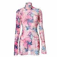Maxi Dresses for Women 2024 Casual Plus,Ladies Mesh Printed Round Neck Bell Sleeve Side Open Hip Dress Cool Ton