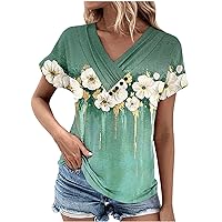 Womens Summer Tops Floral Printed Graphic Tees Causal Short Sleeve Tunic V Neck T Shirts Basic Fitted Work Blouses