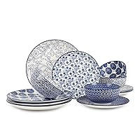 Selamica Ceramic 12-Pieces Dinnerware Sets, Dish Plates and Bowls Sets, Service for 4, Dinner Salad Dessert Plates, and Cereal Bowls Set, Gift,Vintage Blue