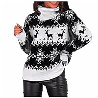 Womens Christmas Fleece Sweater Reindeer Snowflake Turtleneck Long Sleeve Sweatshirt Wintertime Sweaters Tunic Tops