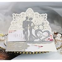 NC 10pcs 3D Pop Up Bride and Groom Engagement Cards Lovers Wedding Invitation Greeting Cards Laser Cut Valentine's Day Gift Anniversary Card (Gillter Silver, Whole set)