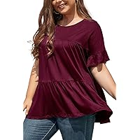 DEARCASE Plus Size Tunic Tops for Women Summer Short Sleeve Crew Neck Loose Blouses Pleated Babydoll T-Shirts XL-5XL