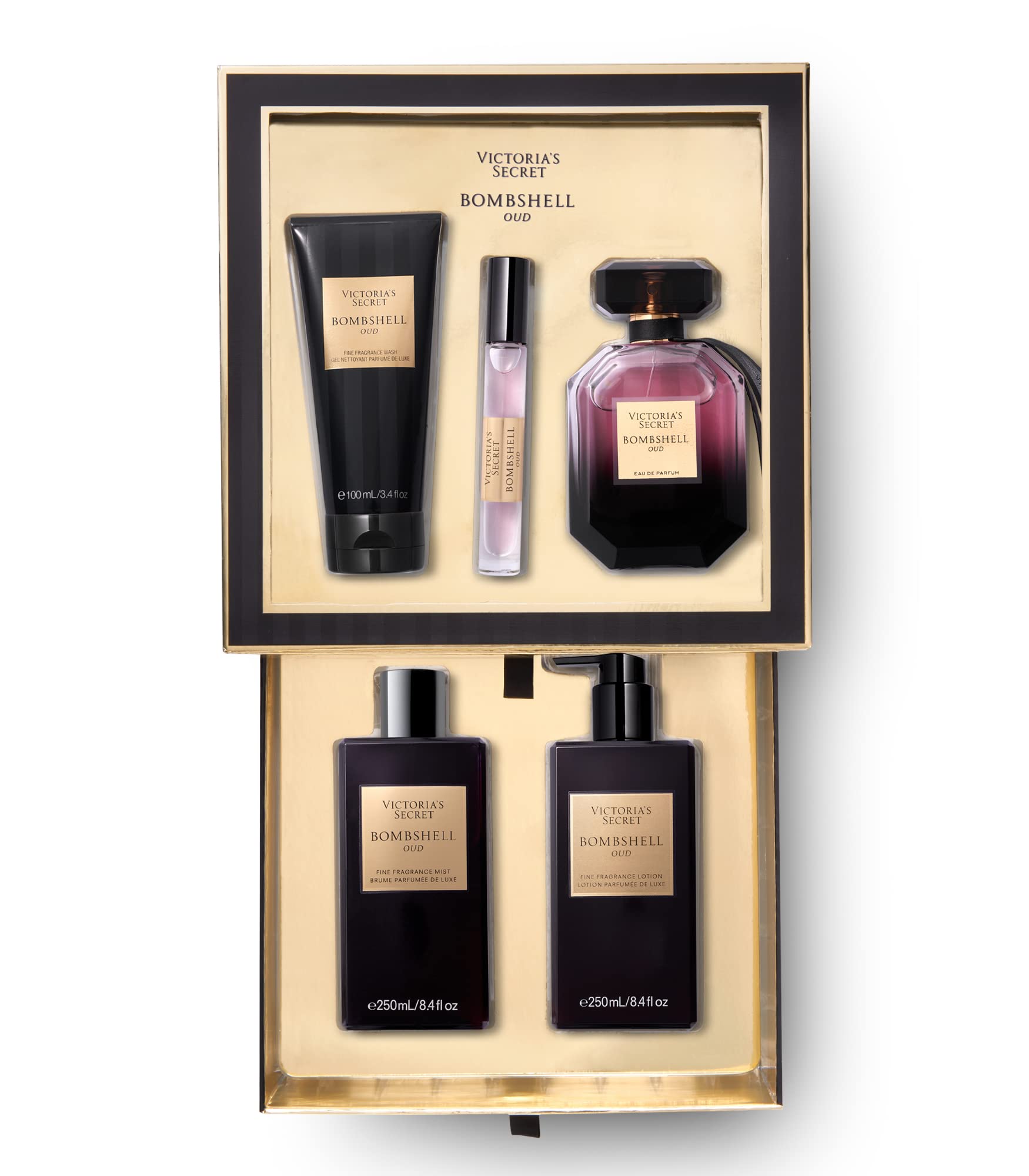 Victoria's Secret Bombshell Oud 5 Piece Gift Set: 3.4 oz. Eau de Parfum, Body Wash, Body Lotion, Fragrance Mist, & Rollerball
