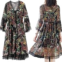 Silk Dress Lined Dress for Women, Black Flowy Dress Summer Floral Printed Lace Beach Cocktail Daily Wear