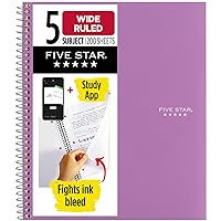 Five Star Spiral Notebook + Study App, 5 Subject, Wide Ruled Paper, Fights Ink Bleed, Water Resistant Cover, 8