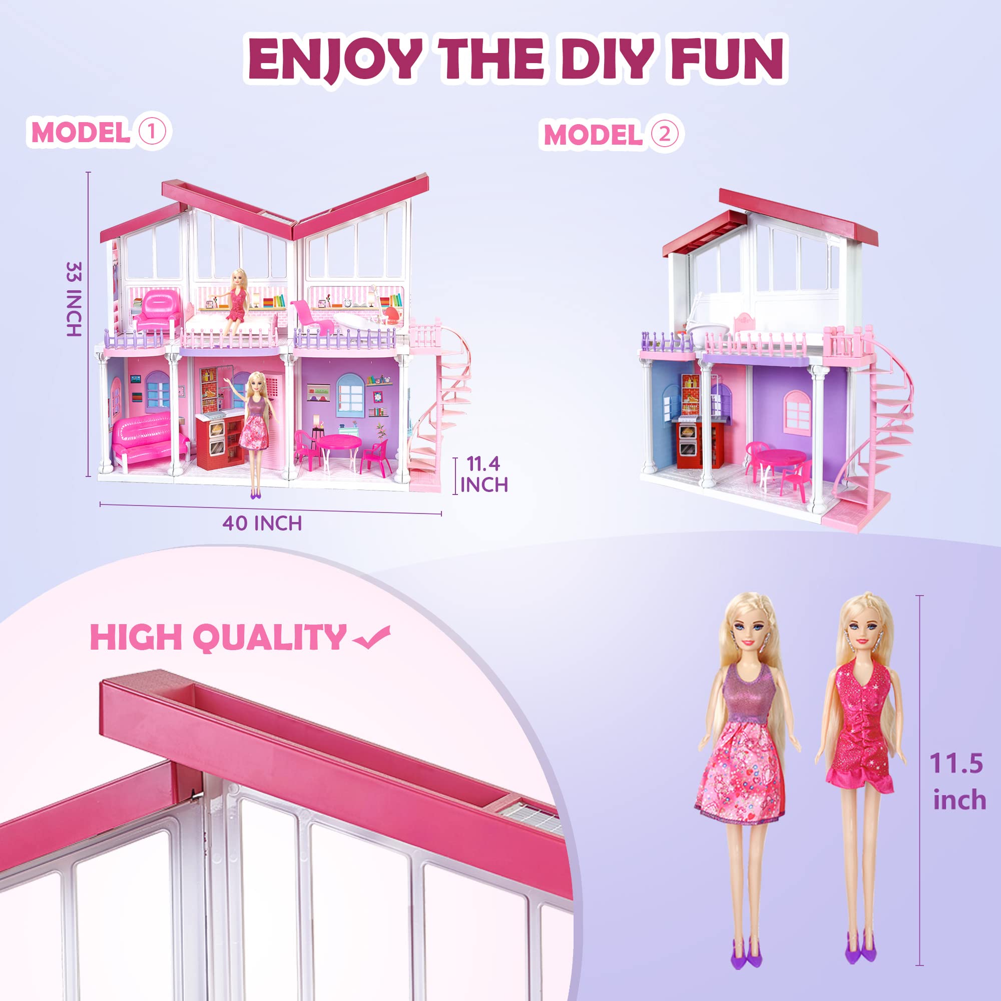 Bettina Big Doll House, Dream House 2022 w/ All Plastic Accessories, 2-Story Pink DIY Dollhouse w/ Stairs, Large Furniture, 11.5 Inch Dolls, Dreamhouse Gift for 3 to 12 Year Olds, Doll House 7-8