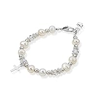 Christening Austrian Clear or Pink Crystals with Cultured Fresh Water Pearls and Sterling Silver Cross Charm Luxury Child Unisex Bracelet, Baptism,Communion (BFWC)