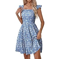 Naggoo Women's Summer Dresses Casual Square Neck Floral Sundress with Pockets A Line Flowy Beach Dress