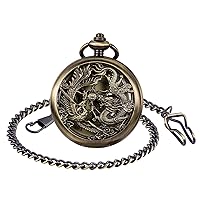 Pocket Watch Dragon & Phoenix Vintage Mechanical Steampunk Skeleton Roman Numerals Fob Watch with Chain for Men Women