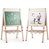 All-in-One Art Easel for Kids with Paper Roll, Adjustable Double Side Art Drawing Standing Chalkboard for Toddlers 3-12, Boy & Girls Wooden Gift & Art Supplies for Toddler