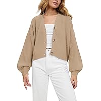 Pink Queen Women's 2023 Fall Button Down V Neck Batwing Long Sleeve Ribbed Knit Cropped Cardigan Sweater Top