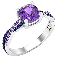 Dazzlingrock Collection 6 mm Cushion Gemstone & Round Blue Sapphire & Amethyst Ladies Swirl Engagement Ring, Sterling Silver