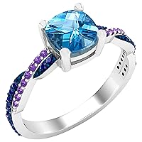 Dazzlingrock Collection 6 mm Cushion Gemstone & Round Blue Sapphire & Amethyst Ladies Swirl Engagement Ring, Sterling Silver