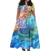 Plus Size Dress for Women Elegant Solid/Print Flowy Maxi Dress Summer Casual High Waist Short Sleeve Dress