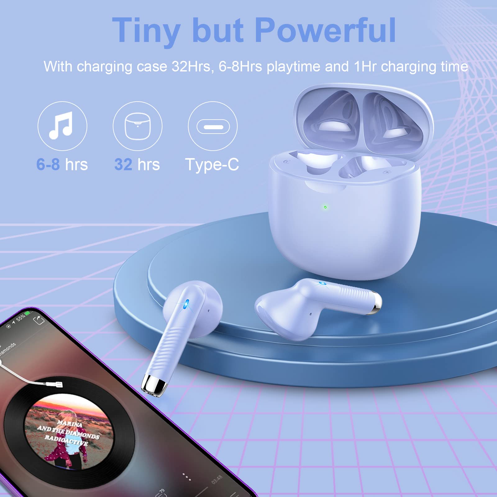 Wireless Earbuds, Bluetooth 5.3 Headphones in Ear with Noise Cancelling Mic, Bluetooth Earbuds Stereo Bass, IP7 Waterproof Sports Earphones, 32H Playtime USB C Charging Ear Buds Purple for Android iOS