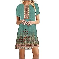 Women Bohemian Floral Short Sleeve T-Shirt Dresses Summer Casual Loose Fit Swing Tunic Mini Sun Dress for Vacation