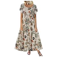 Midi Dresses for Women Summer Casual Sleeveless Crewneck Swing Sundress Fit Flare Flowy Tiered Maxi Dress with Pockets