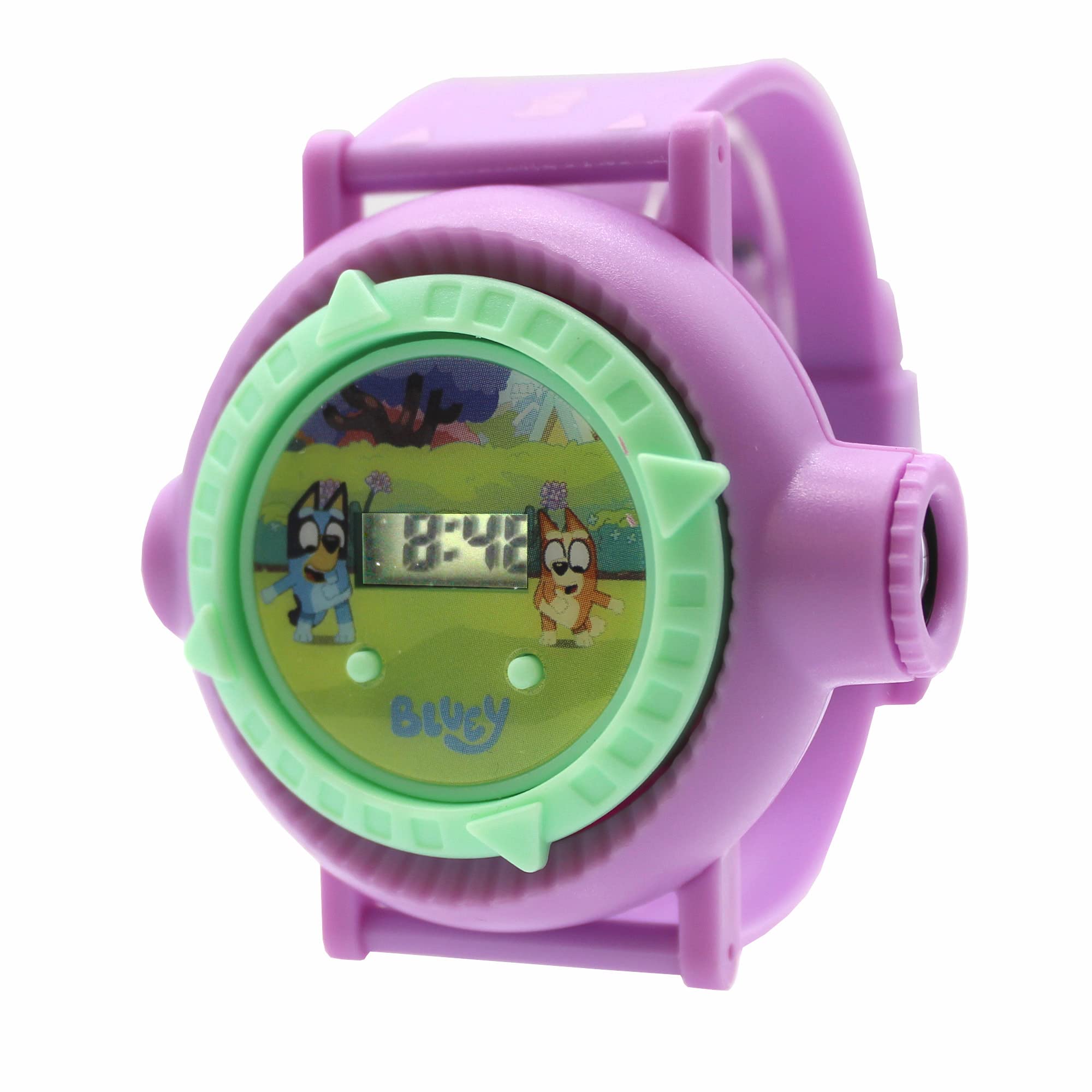 Accutime Kids Bluey Digital LCD Projection Quartz Wrist Watch with 10 Pictures, Purple Strap for Girls, Boys, Kids 3+ Years (Model: BLY4013AZ)