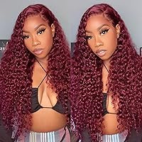 ISEE Hair 13x4 Lace Frontal Wigs for Black Women Natural Color Water Wave Transparent Lace Front Wigs Human Hair Pre Plucked 150% Density (28 Inch, 99J Burgundy)
